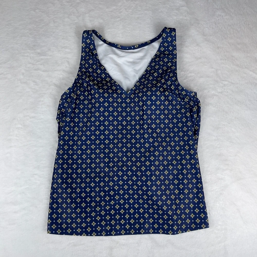 Kona Sol Tankini Swim Top Women's Medium Navy Tile‎ Print Sleeveless Slit Back